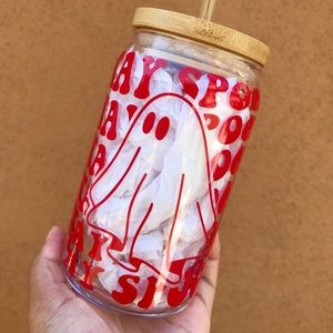 New Handmade Stay Spooky Halloween Ghost Coffee Glass Can Tumbler Drink Cup